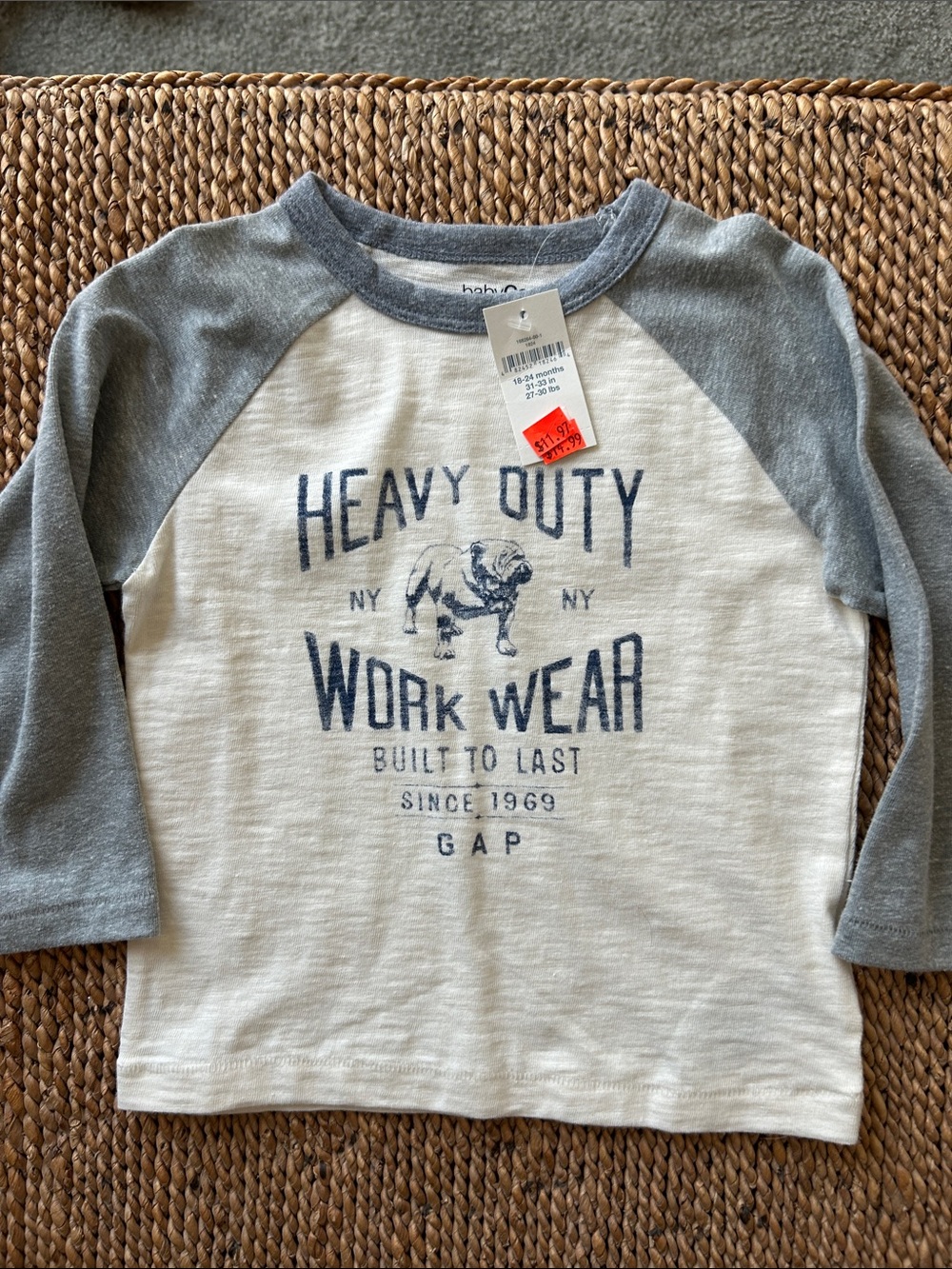 GAP Cream and Gray Raglan 'Heavy Duty Work Wear' Long Sleeve Tee